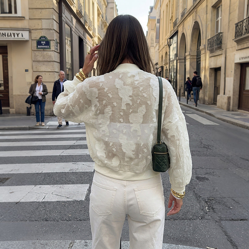 Stand up collar zipper see through long sleeved jacket