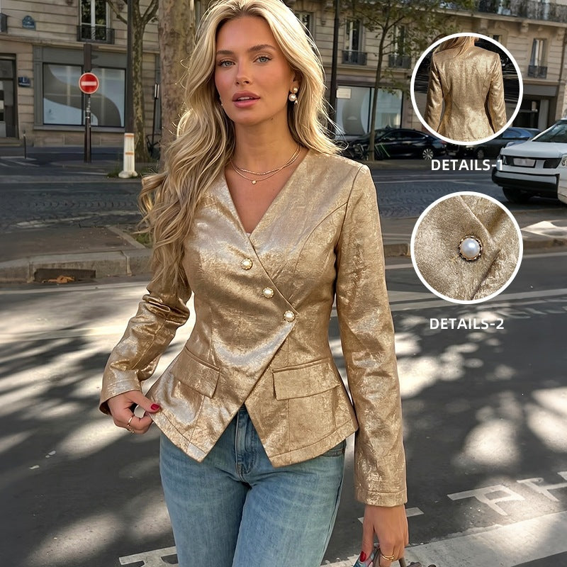 Asymmetrical Long Sleeve V-Neck Slim Fit Women's Blazer