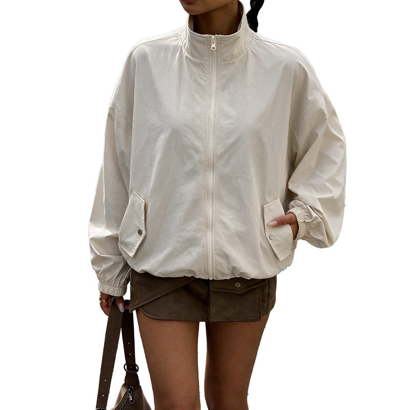 Adjustable drawstring loose stand neck windbreaker for women