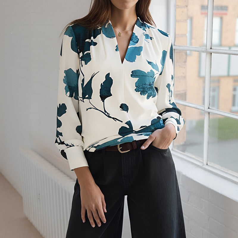 Floral Print Long Sleeve V-Neck Shirt