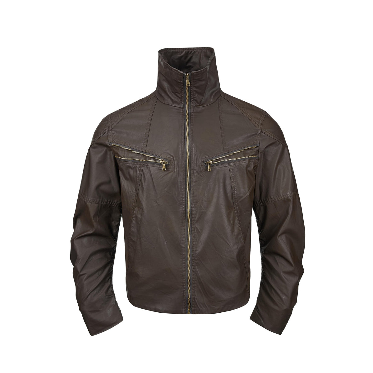 Deconstructed Stand Collar PU Leather Hunting Jacket