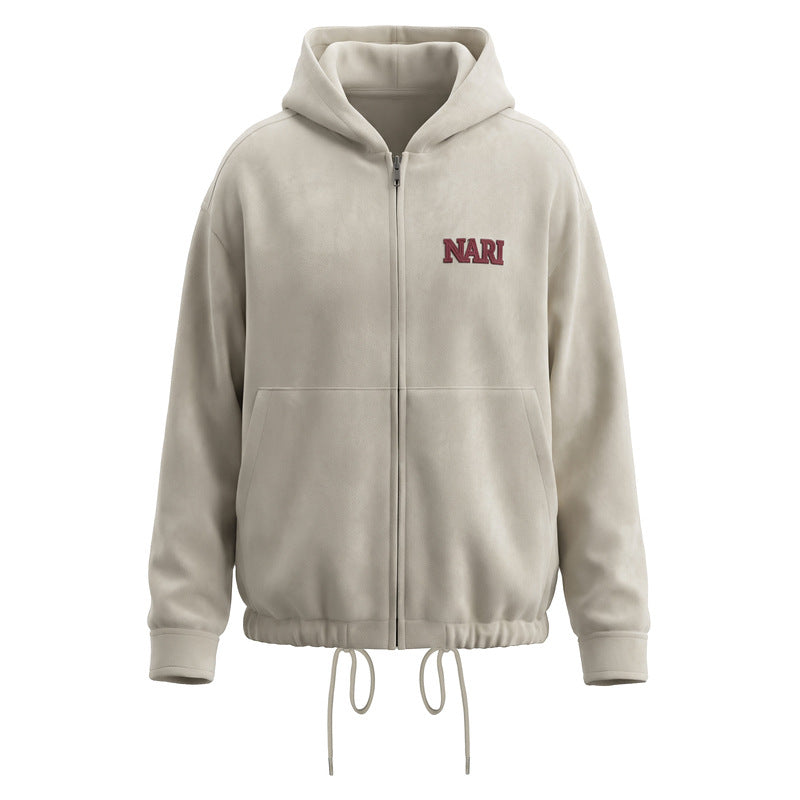 Coffee suede hooded cardigan jacket for women