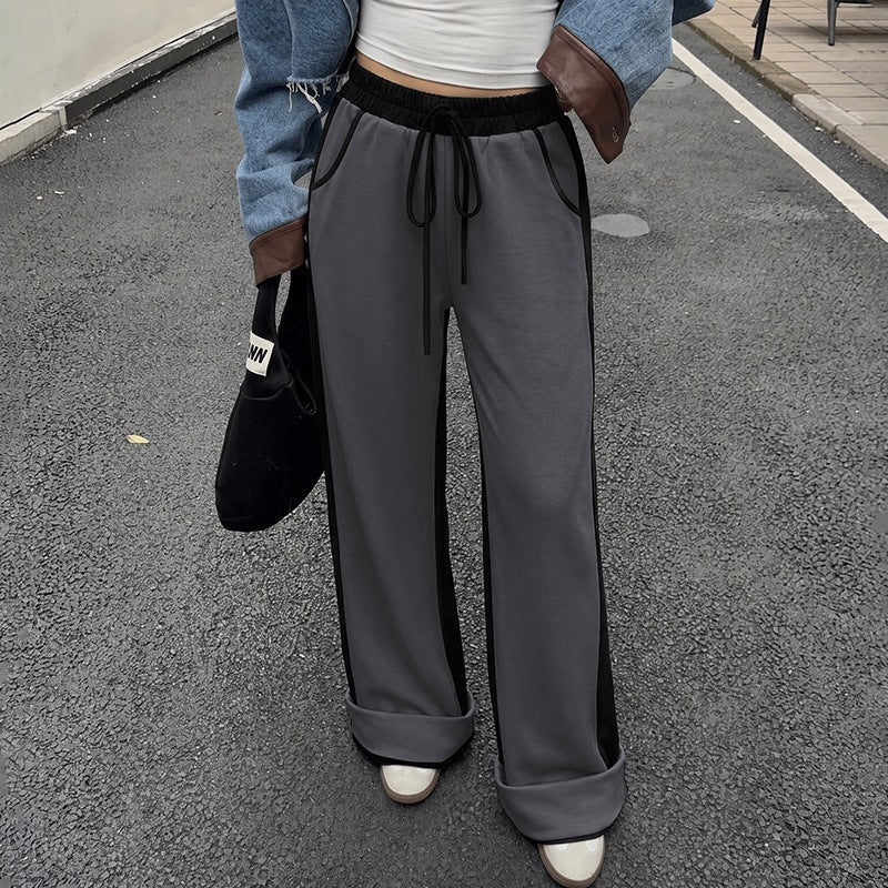 Color Block Spliced Thickened High Waist Cuffed Sweatpants for Women