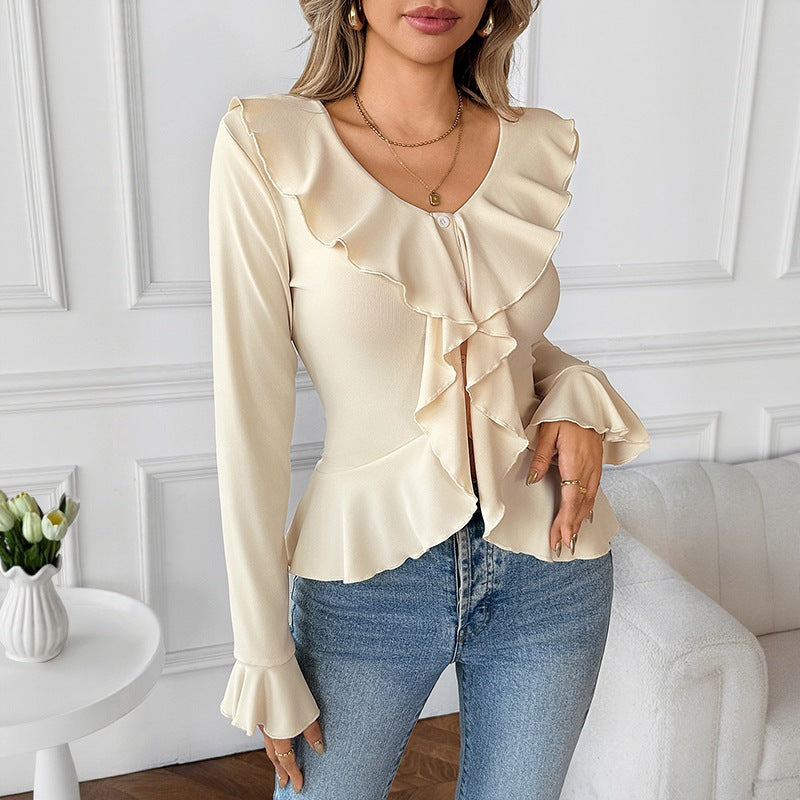 Women's Solid Color V-Neck Ruffle Slim Fit Casual T-Shirt