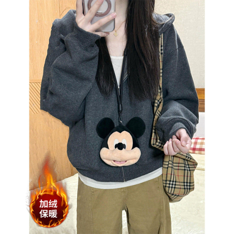Women's Vintage Hooded Baseball Cardigan Sweatshirt Jacket Loose Casual