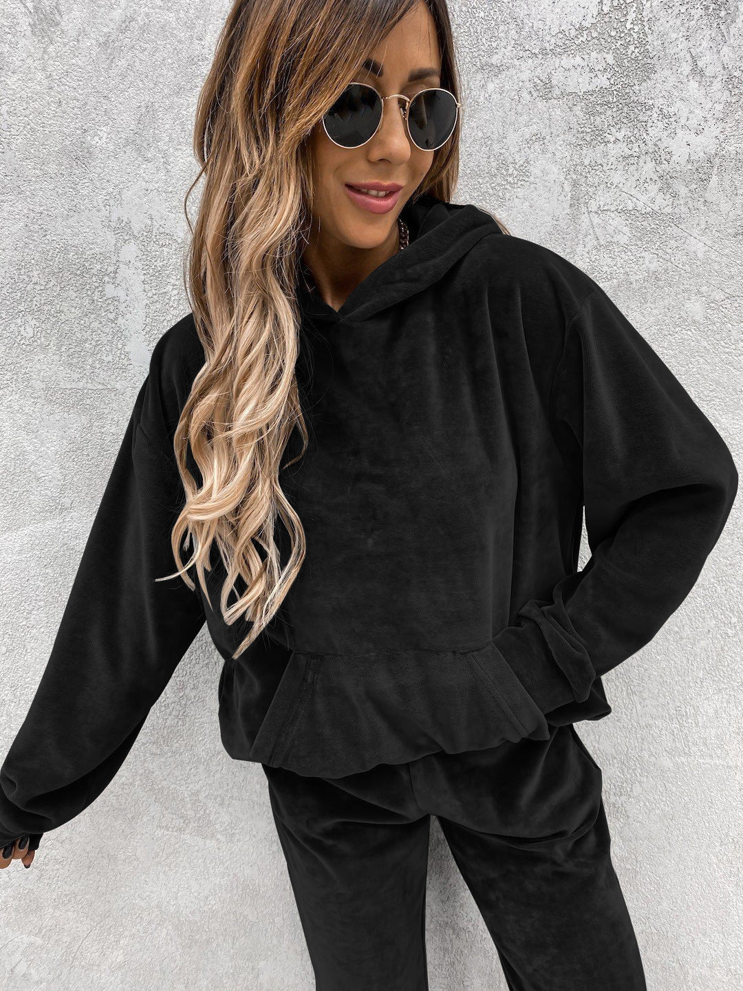 Women's Set Solid Color Hooded Sweatshirt and Sports Long Pants  Two-Piece Set