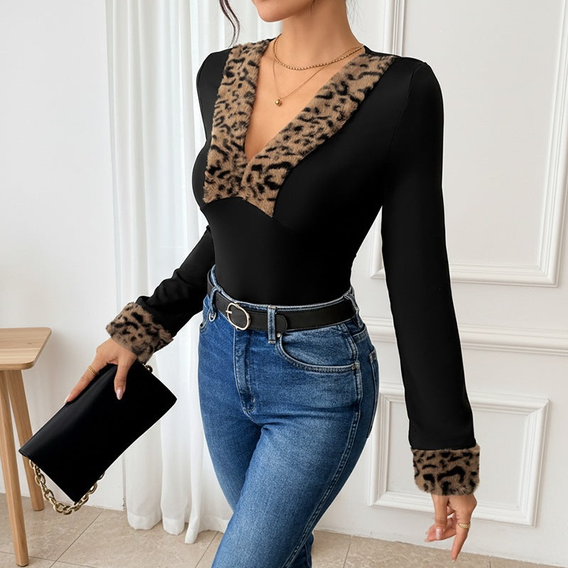Leopard Print Long Sleeve Splicing V-Neck Women's Jumpsuit
