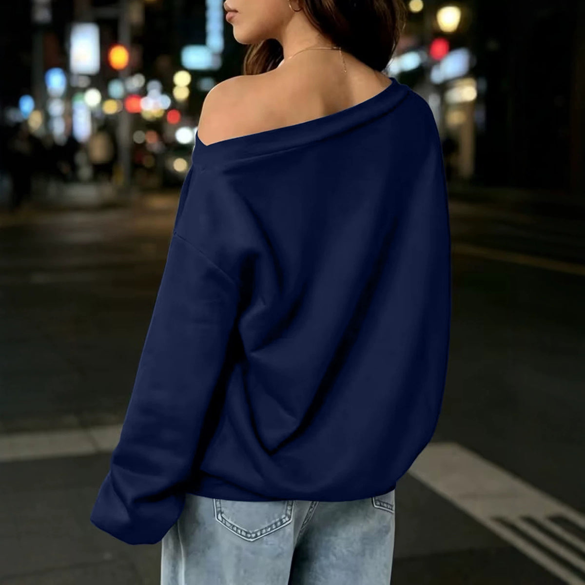 Women's sloping shoulder long sleeved hoodie