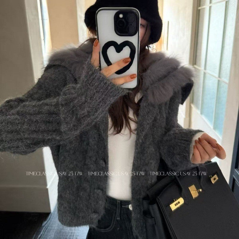 Flip collar knitted cardigan women's short jacket