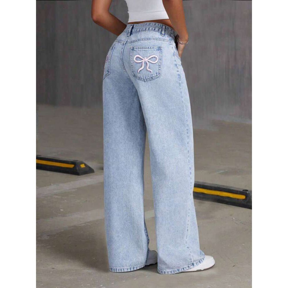Vintage Denim Pants High-Fall Straight Loose Wide Leg Long Trousers Trendy