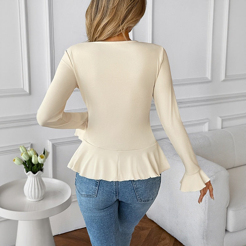 Women's Solid Color V-Neck Ruffle Slim Fit Casual T-Shirt