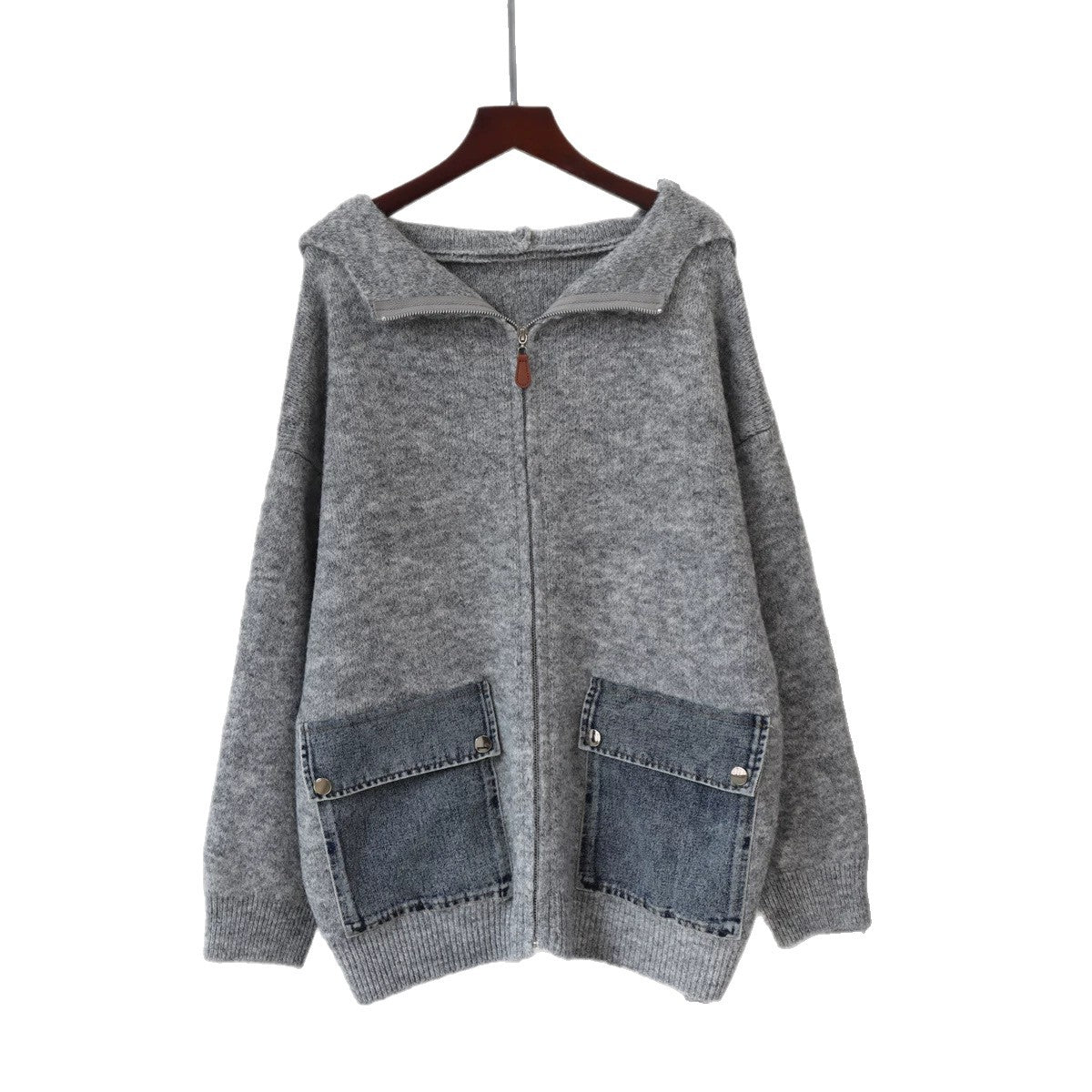 Hooded zipper loose cardigan sweater for women