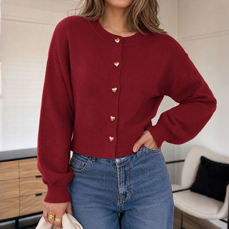 Red Christmas Heart Knit Cardigan for Women with Button Closure