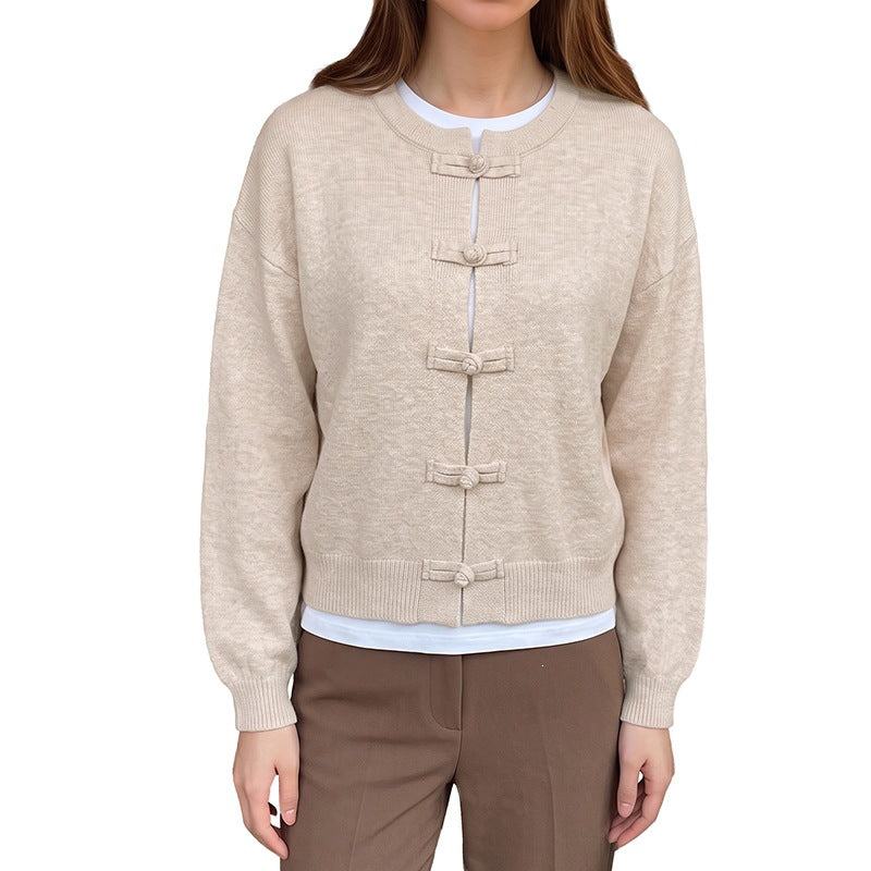 Casual Knitted Cardigan Jacket with Long Sleeves and Traditional Pipa Buttons