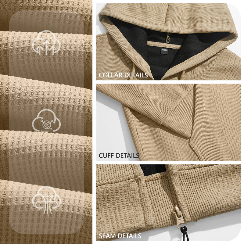 Men's Heavyweight Jacquard Waffle Hooded Loose Open Cardigan Sweatshirt