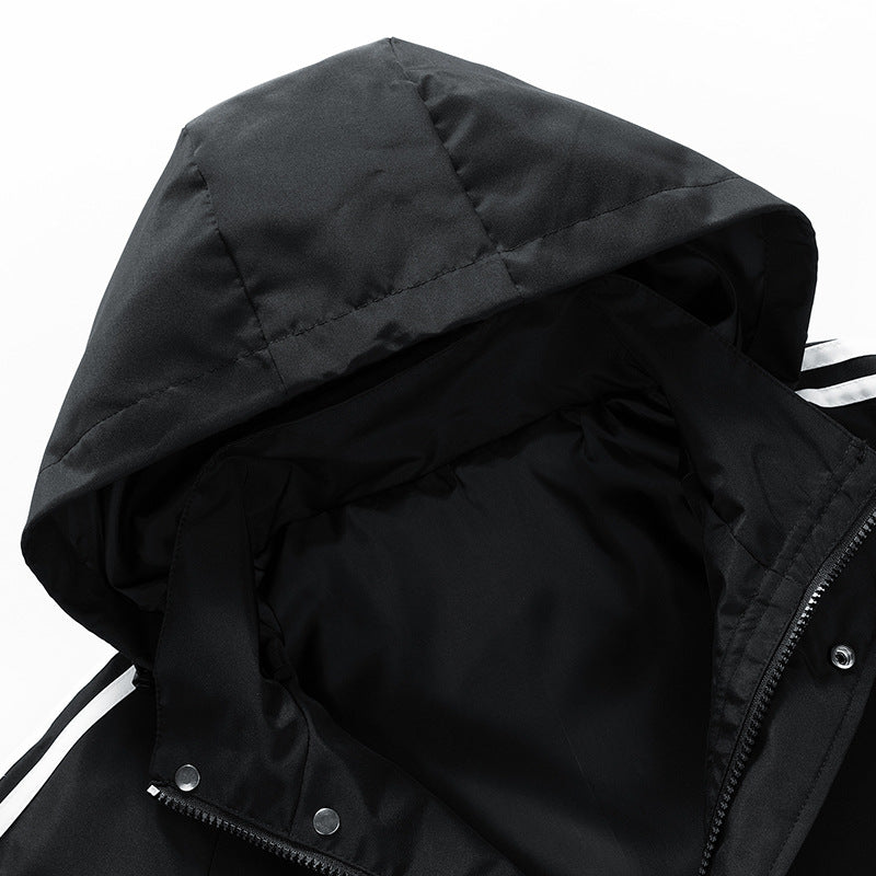 Casual Hooded Jacket for Men, Spring and Autumn Style, Trendy Three-Stripe Design, Loose Fit, Sporty Outerwear