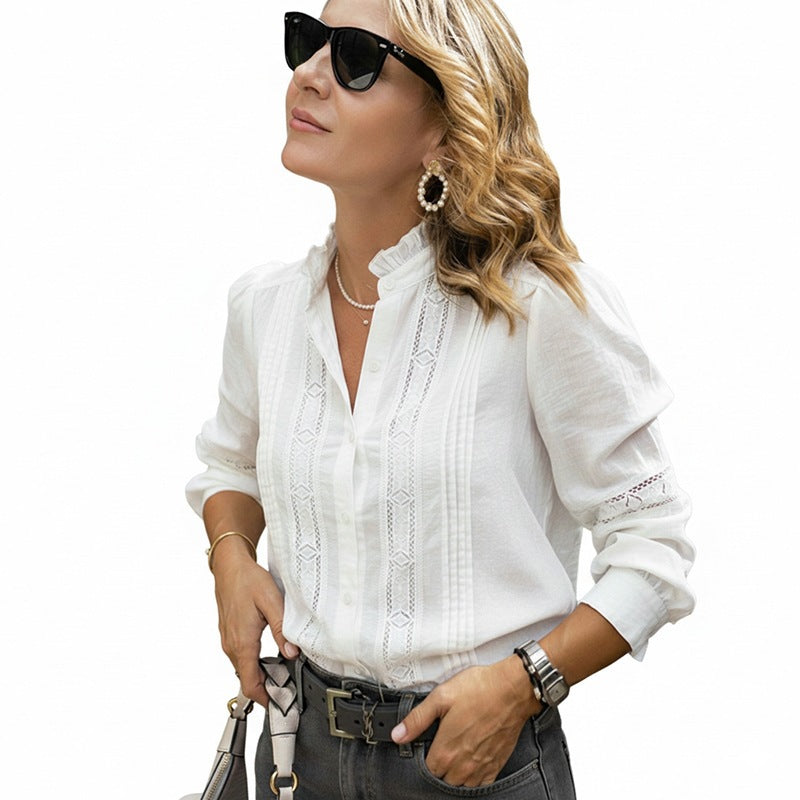 Splicing Lace Hollow Out Long Sleeve Stand Collar White Shirt