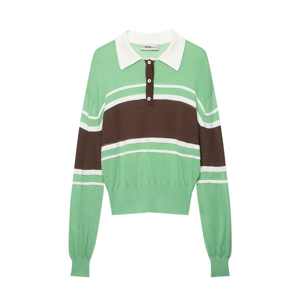 Collar striped long sleeved sweater