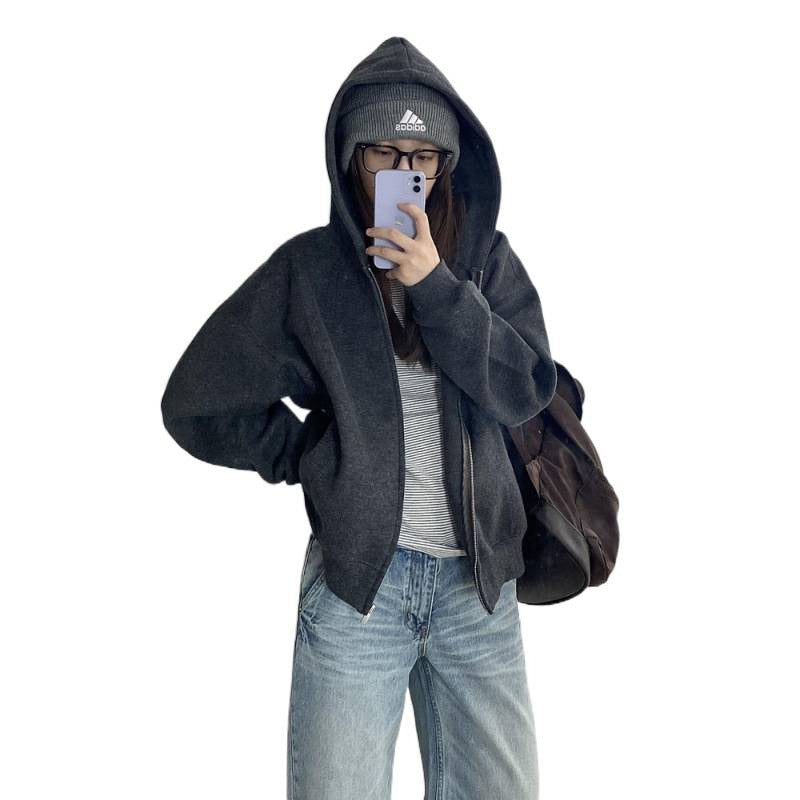 Women's Vintage Hooded Baseball Cardigan Sweatshirt Jacket Loose Casual