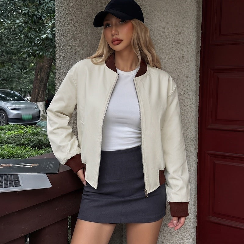 Women's Zipper Closure Stand Collar Loose Fit Jacket