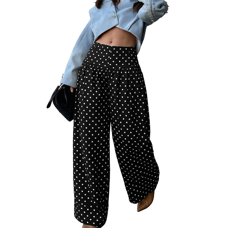 Sweet Cool Vintage Polka Dot High Waist Loose Wide Leg Gathered Casual Pants for Women