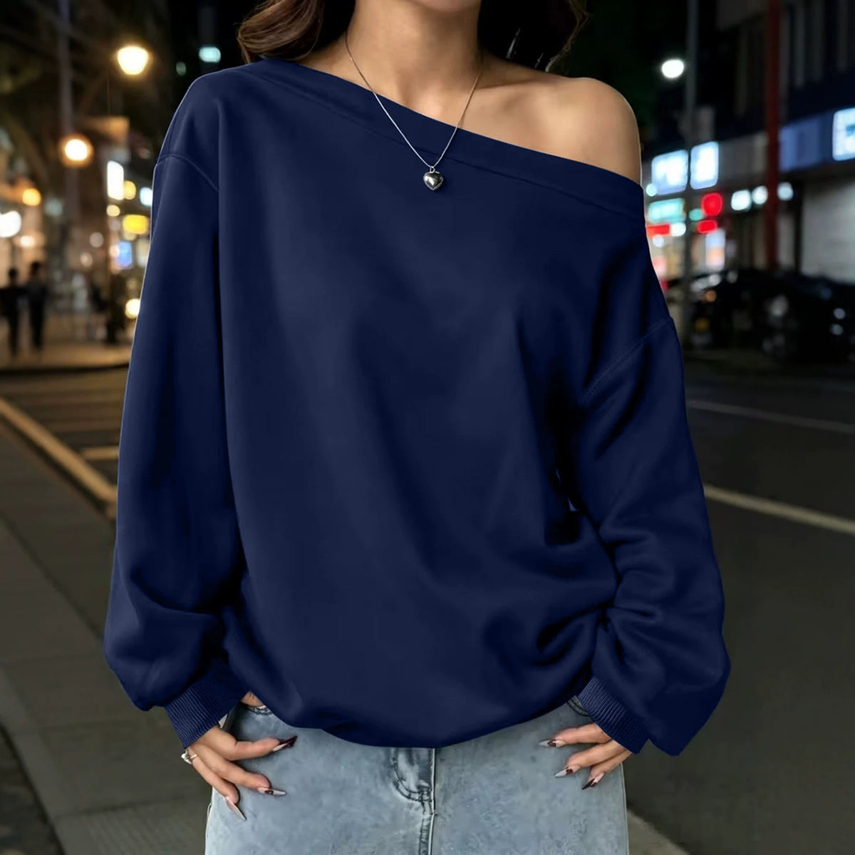 Women's sloping shoulder long sleeved hoodie