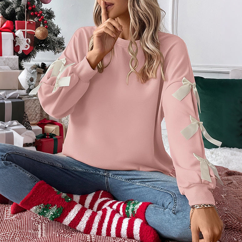 Women's Pink Long Sleeve Crew Neck Bow Detail Christmas Sweatshirt