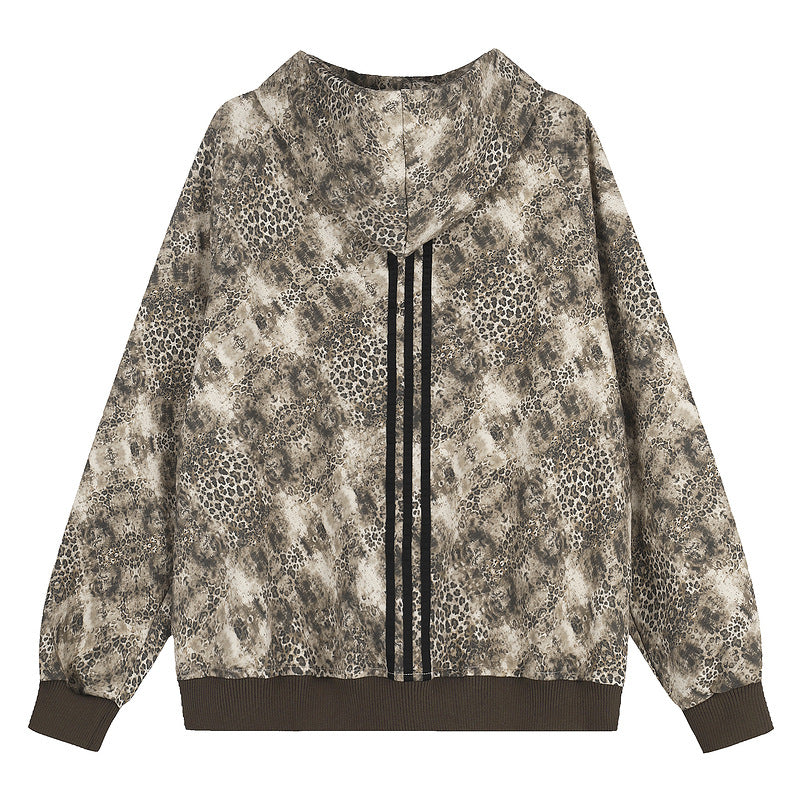 Leopard print three bar hooded sweatshirt with zipper cardigan