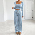 Women's Striped Long Sleeve Crop Top and Slim Fit Casual Sporty Pants Two Piece Set