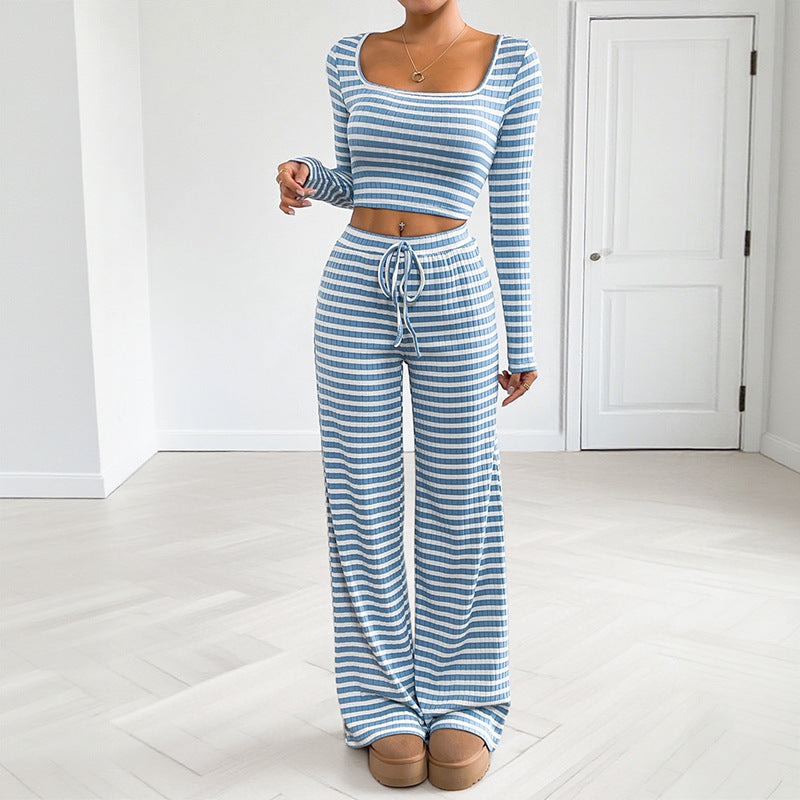Women's Striped Long Sleeve Crop Top and Slim Fit Casual Sporty Pants Two Piece Set