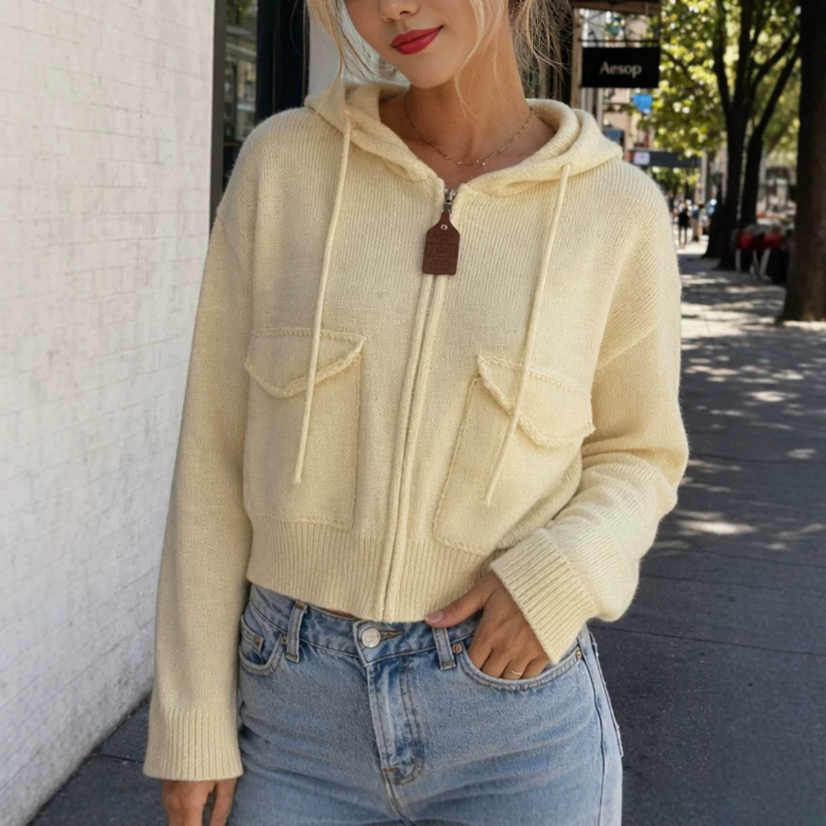 Hooded zipper cardigan with double pockets sweater