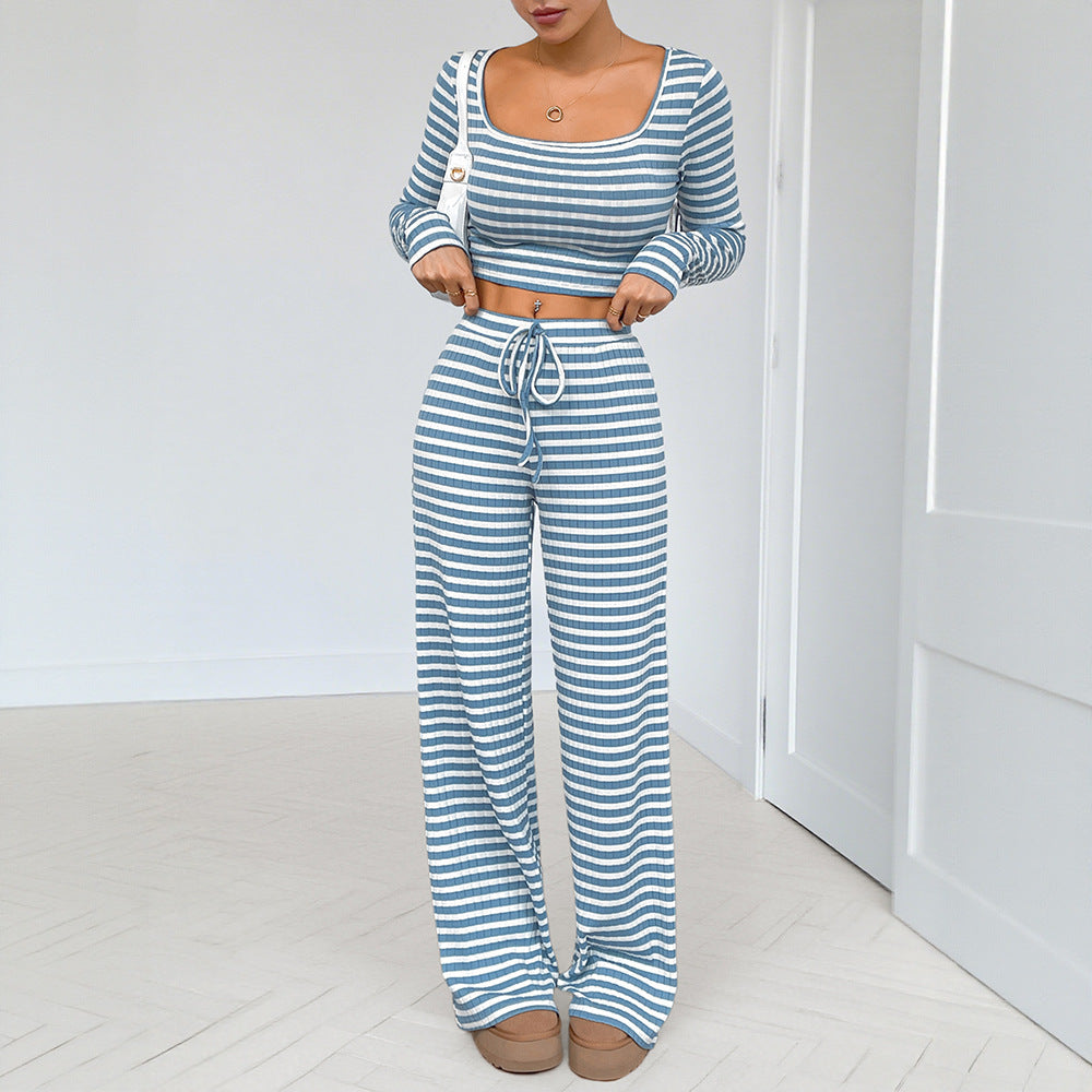 Women's Striped Long Sleeve Crop Top and Slim Fit Casual Sporty Pants Two Piece Set