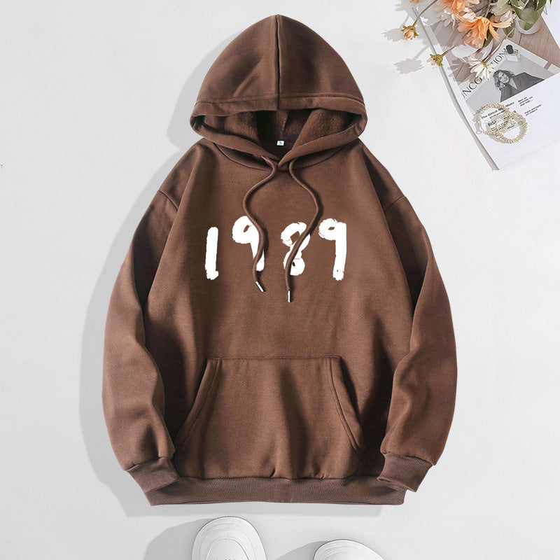 Printed hooded back collar with fleece hoodie for women