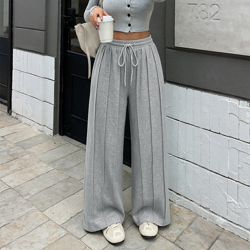 Casual Gray Drawstring Waist Loose Fit Tape Trim Draped Sweatpants