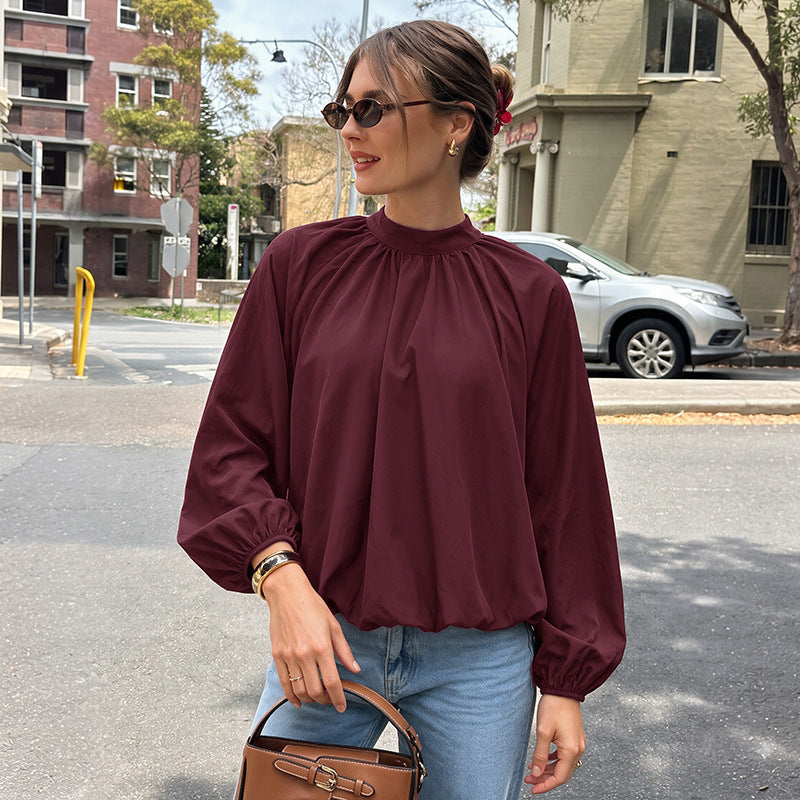 Loose Long Sleeve Camellia Collar Hollow Out Back Tie Women's Blouse