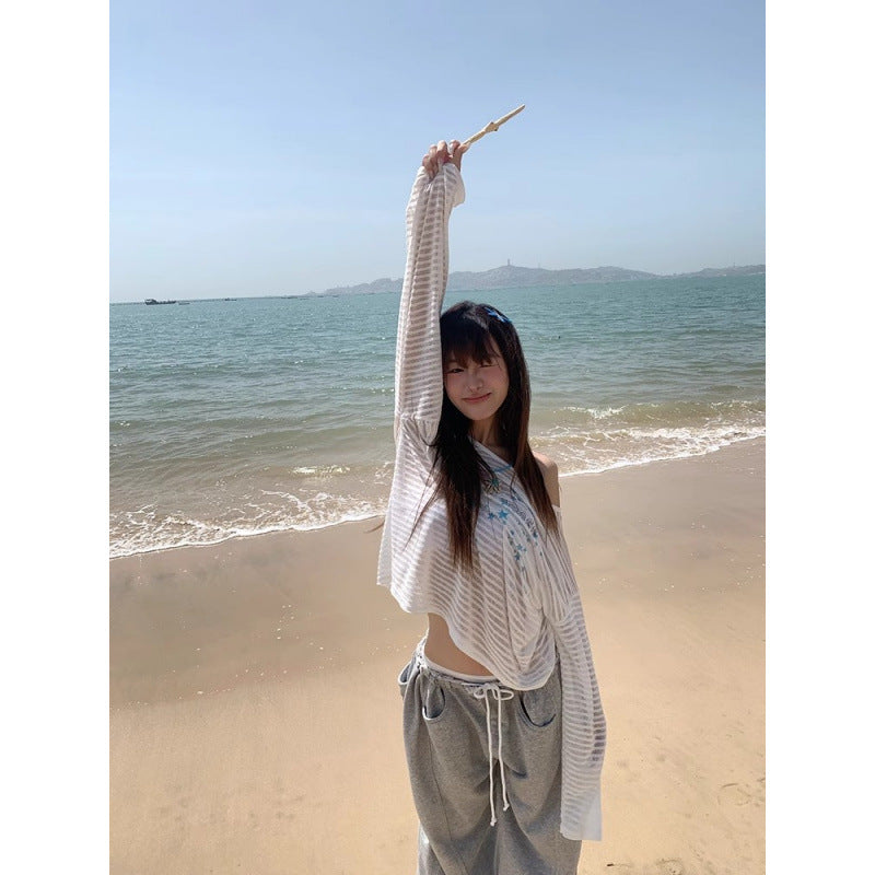 Loose Star Print Long Sleeve Off-Shoulder T-Shirt
