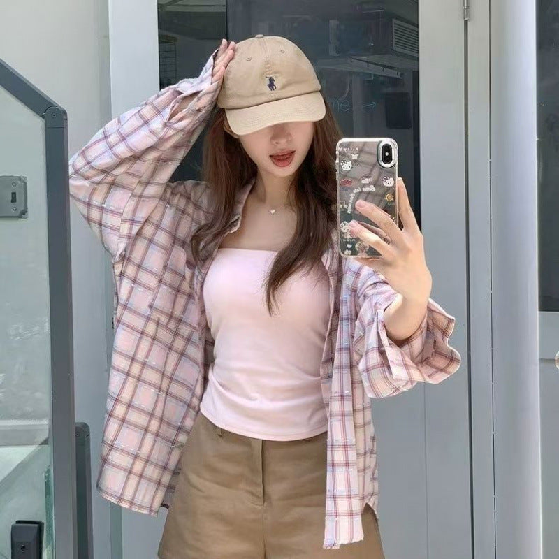 Sweet Pink Plaid Loose Casual Shirt for Women