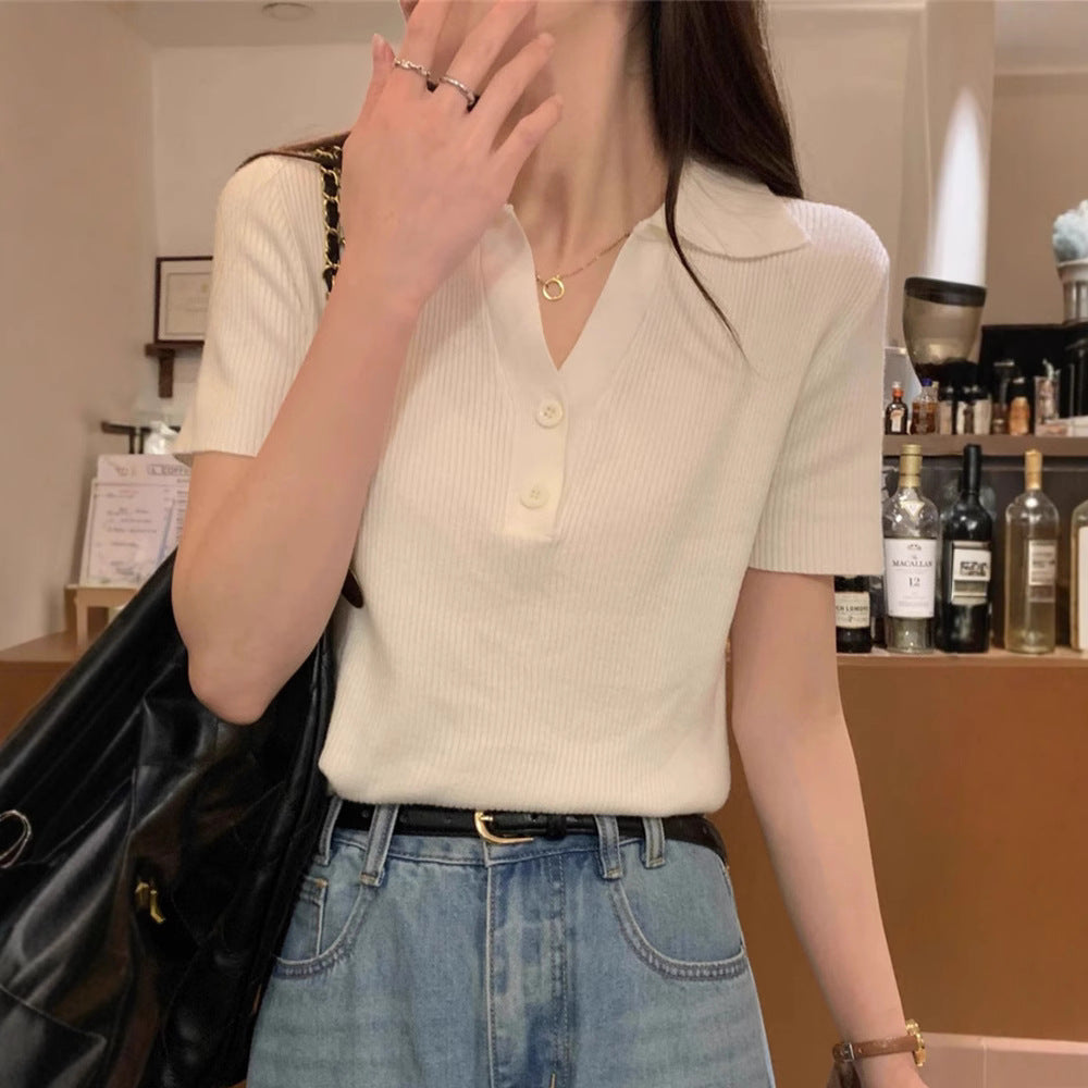 Polo Neck Knitted Top Short Sleeve T-Shirt Pure Desire Unique Elegant Design Small Batch Short Crop Top