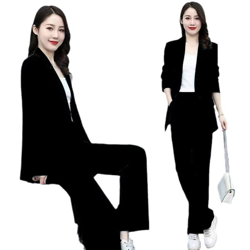 Professional Woman's Autumn/Winter New Set, Elegant and Slim-Fitting Long Sleeve Suit Jacket with Wide-Leg Pants Two-Piece Outfit for Women