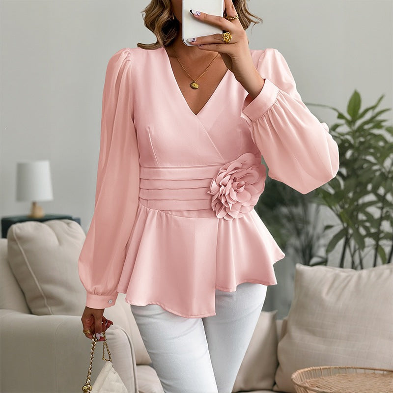 Elegant Commuter 3D Floral V-Neck Women's Fitted Shirt