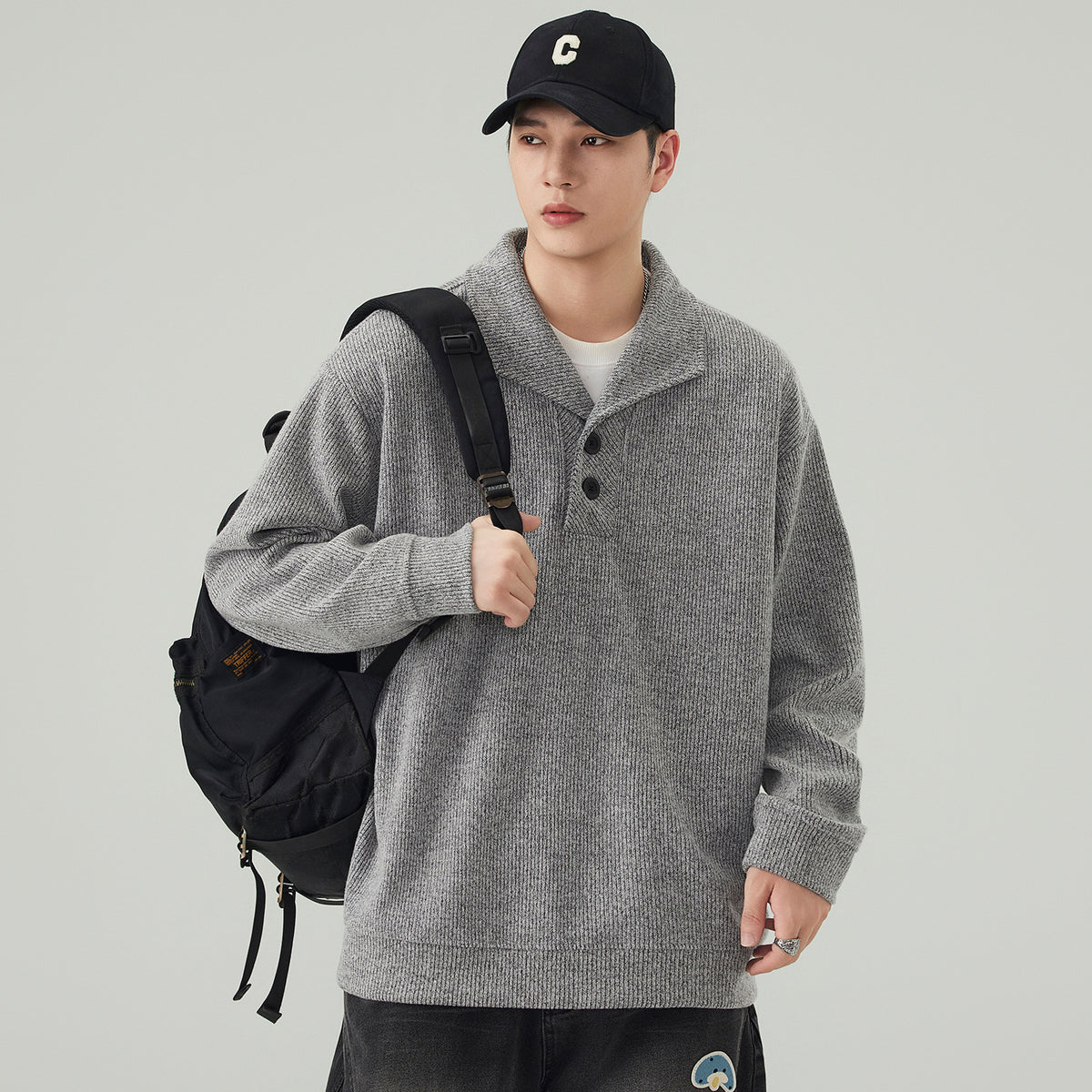 Men's  Heavyweight Turn-Down Collar Pullover Sweatshirt Casual Loose Fit Jacket