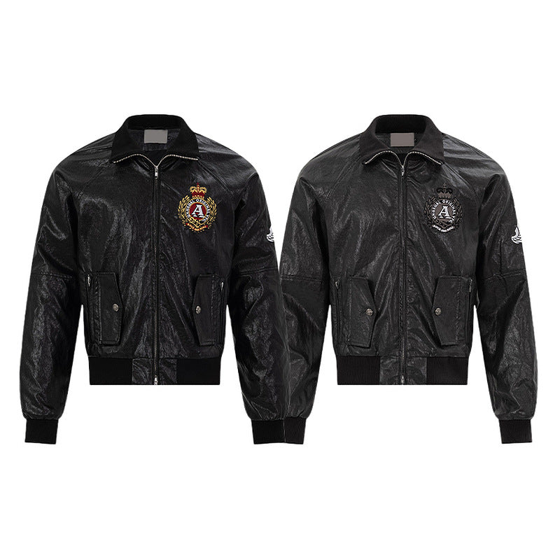 Retro badge leather jacket with zipper and loose fit for women