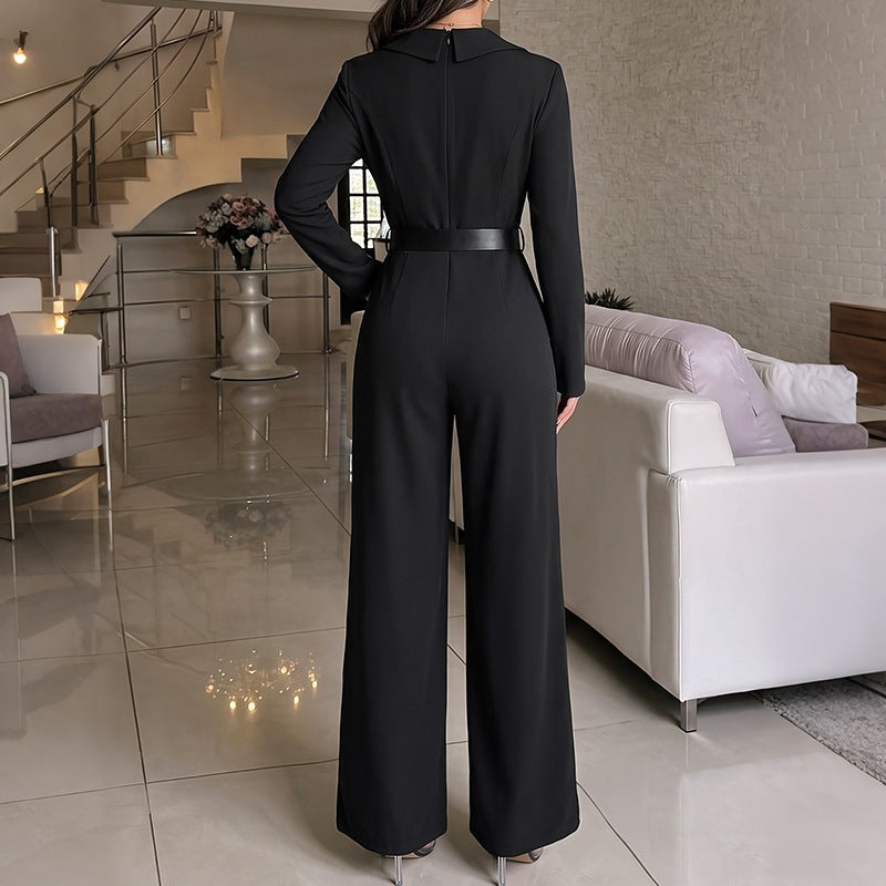 Women's High Waist Split Jumpsuit with Belt Casual Office Wear