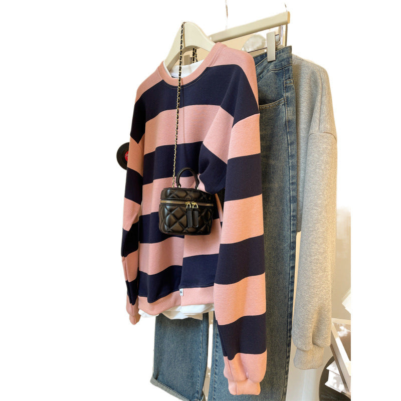 Women's Casual Striped Hoodie - Round Neck Long Sleeve Loose Fit Sweater Top