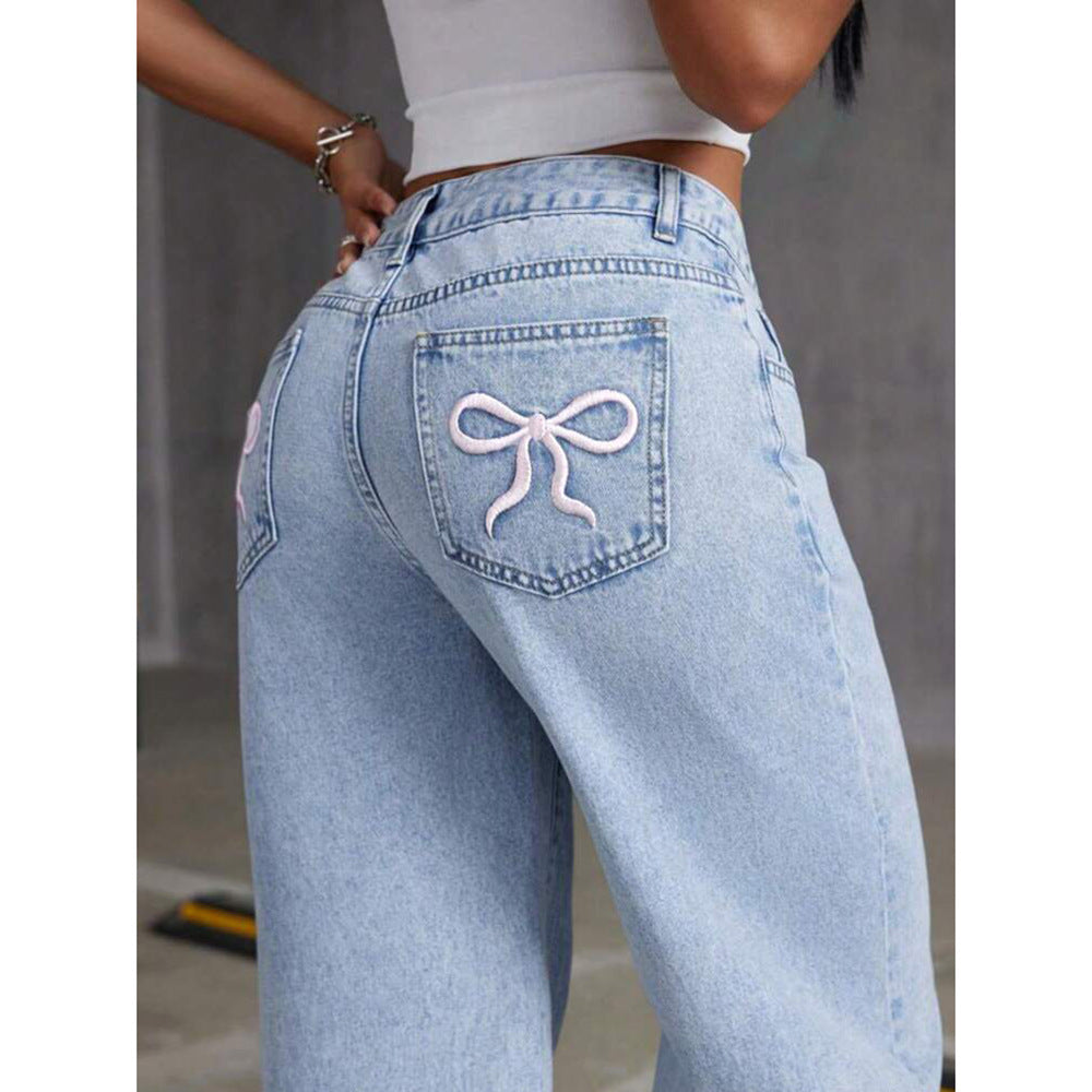 Vintage Denim Pants High-Fall Straight Loose Wide Leg Long Trousers Trendy