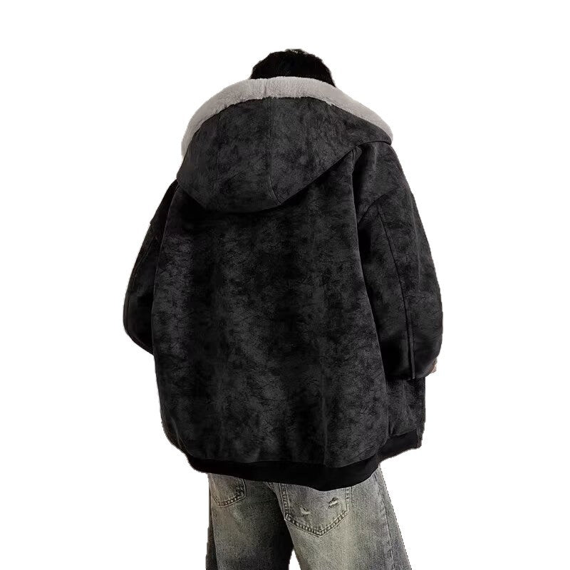 Leather Rabbit Fur Plush Fleece Lined Jacket Unisex Winter Thickened Warm Outerwear