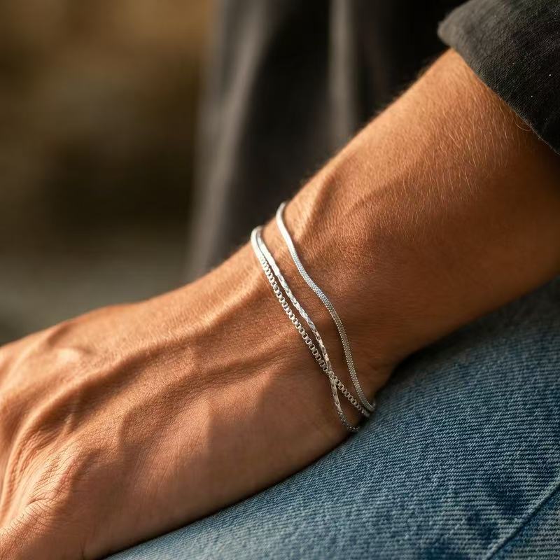 Stainless Steel Silver 3 Piece Set Bracelet Snake Chain Cube Link Jewelry for Men Women