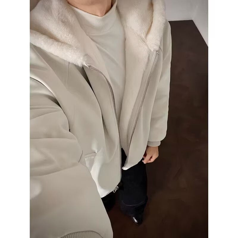 Leather Rabbit Fur Plush Fleece Lined Jacket Unisex Winter Thickened Warm Outerwear
