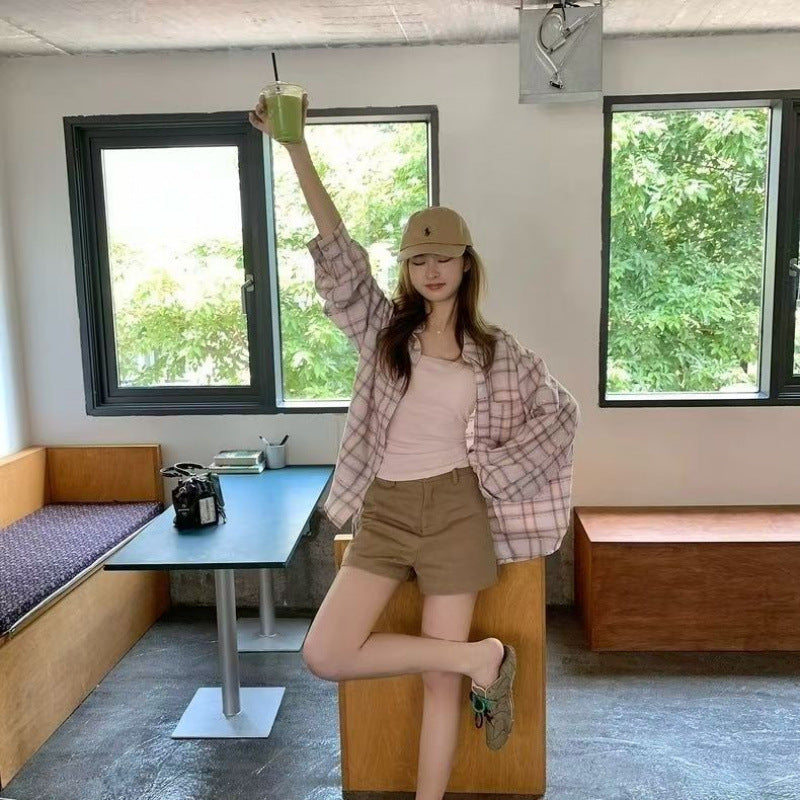Sweet Pink Plaid Loose Casual Shirt for Women