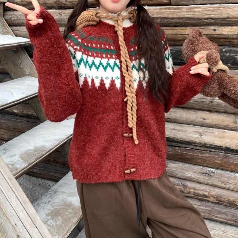 Cow horn buckle lazy style sweater cardigan jacket for women